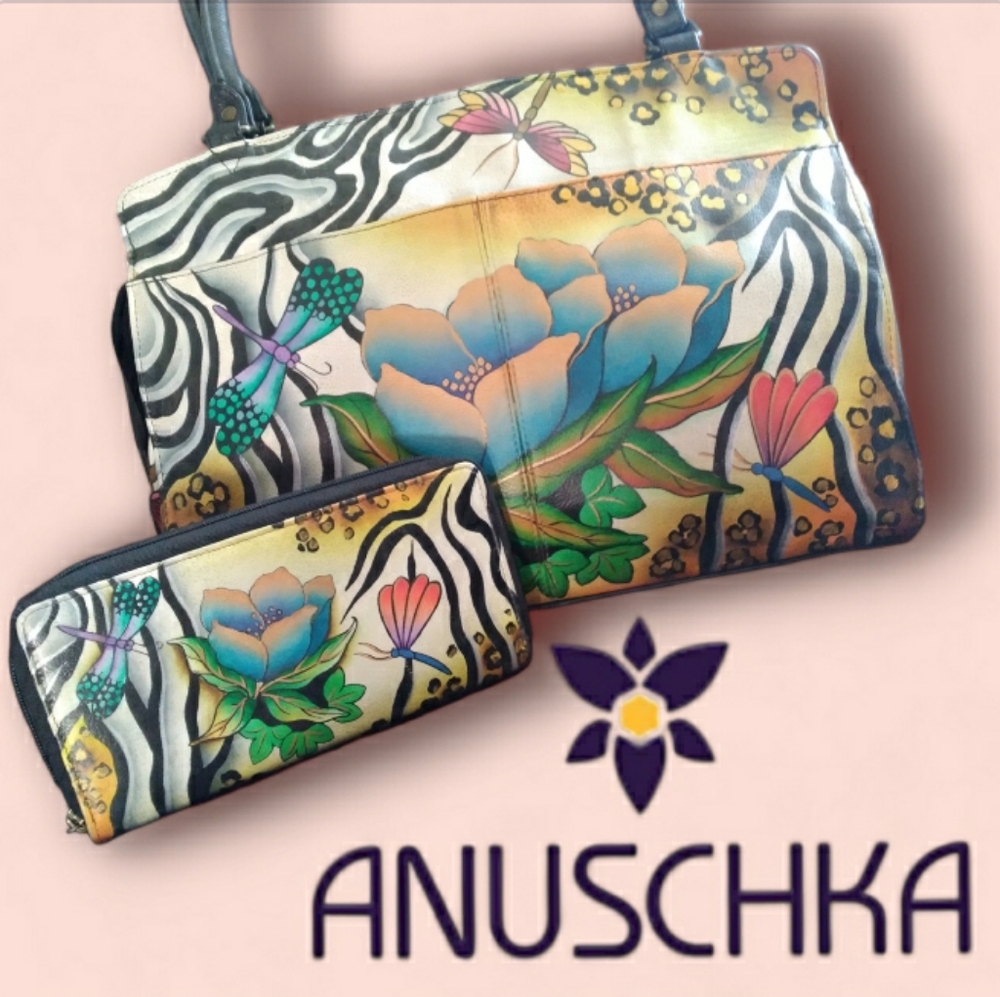 ANUSCHKA BAG LARGE TOTE HANDPAINTED LEATHER ZEBRA PRINT & WALLET SET